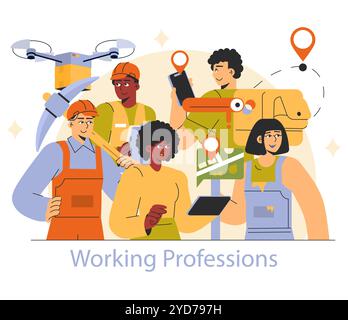 Berufskonzept. Vielfältige Gruppe von Fachkräften mit Werkzeugen und moderner Technologie. Teamzusammenarbeit in verschiedenen Berufen. Vektorabbildung. Stock Vektor