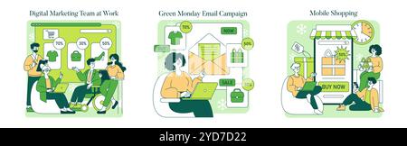 Online-Shopping-Set. Das digitale Team analysiert E-Commerce-Daten, Frauen beteiligen sich an einer E-Mail-Werbeaktion, Kunden genießen mobile Angebote. Vektorabbildung. Stock Vektor