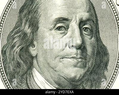 Makro Nahaufnahme von Ben Franklin Gesicht auf die US $100 Dollar-Schein. Stockfoto