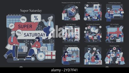 Super Samstag Set. Die Käufer vertreiben festliche Kaufabenteuer inmitten von Urlaubsrabatten. Einkaufswagen überladen, Online-Wahnsinn, Bordservice und Geschenkverpackungen. Vektorabbildung. Stock Vektor