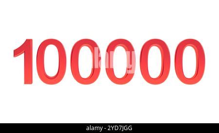Nummer 100000 Zeichen, 3d rote Zahl hunderttausend Symbol isoliert auf weißem Hintergrund. Stockfoto