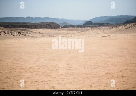 Spaziergänge in einer farbigen Schlucht in Ägypten Dahab. Bild der Wüste und der Berge auf der Sinai-Halbinsel bei Sonnenuntergang. Die Sinai-Wüste ist eine Attraktion Stockfoto