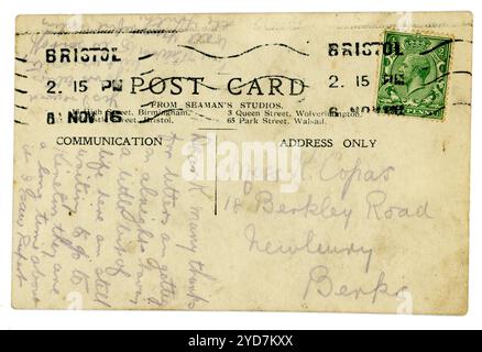 Rückseite der ursprünglichen Postkarte aus der Zeit des 1. Weltkriegs, veröffentlicht am 8. November 1916 in Bristol. GROSSBRITANNIEN Stockfoto