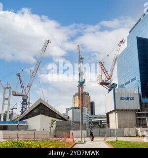 Outram Park Construction Works, New Bridge Road an der Grenze von Bukit Merah und Outram Areas, Singapur, SHMZ Shimizu Construction Equipment Stockfoto