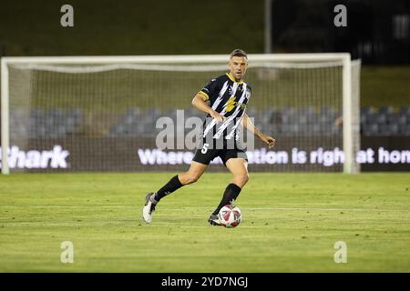 25. Oktober 2024; Campbelltown Stadium, Sydney, NSW, Australien: A-League Football, MacArthur FC gegen Newcastle Jets; Matthew Jurman vom Macarthur FC sucht nach Passoptionen Stockfoto