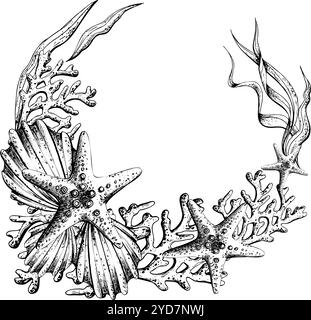 Korallen, Algen, Muscheln, Korallen und Seesterne. Handgezeichnete grafische Illustration in schwarz-weißer Strichgrafik. Rahmen Kranzschablone auf einem Meeresmotiv Stock Vektor