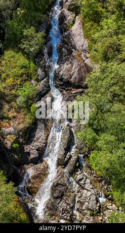 Ein kaskadenförmiger Wasserfall fließt durch einen felsigen, grünen Berghang in Norwegen Stockfoto