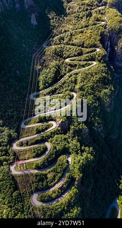 Kurvenreiche Straße durch die üppigen grünen Berge Norwegens Lysebotn, Lysefjord, Norwegen Stockfoto