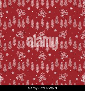 Nahtloses Muster mit Weihnachtsbäumen und Auto im Hintergrund. Weiße Symbole auf rotem Hintergrund, ein helles Muster für Geschenkpapier, Textilien, cl Stock Vektor