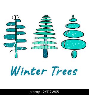 Eine Reihe von Weihnachtsbäumen im Winter. Farbige Weihnachtsbäume handgezeichnet im Vektor. Für Ausdrucke auf Kleidung, Postkarten, Plakaten, Designelementen, Webseiten. Stock Vektor