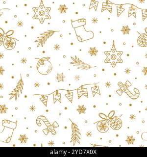 Farbenfrohes, nahtloses Weihnachtsmuster mit Neujahrsdekor. Ein Muster aus goldenen flachen Vektorsymbolen auf weißem Hintergrund. Elegantes Muster für Verpackungen, mit Stock Vektor