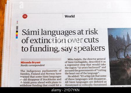 "Sámi Sprachen, die vom Aussterben bedroht sind, wegen Geldschranken, sagen Speakers' Guardian, Schlagzeile artikel 21 Oktober 2024 London Großbritannien Stockfoto