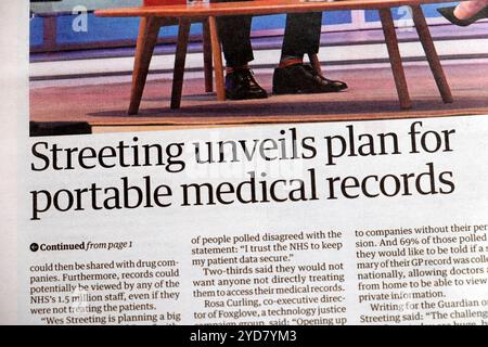 Arbeitsgesundheitsminister Wes 'Streeting enthüllt Plan für tragbare medizinische Aufzeichnungen' Guardian Zeitung Schlagzeile NHS artikel 21 Oktober 2024 London Großbritannien Stockfoto