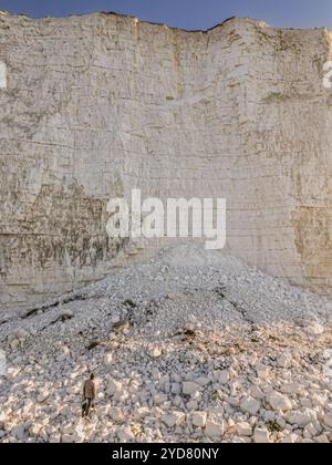 Ein Mann und sein Hund blicken auf eine große Kreidefelse am Strand zwischen Birling Gap und Beachy Head. Eine von zwei Klippen stürzt in den letzten 24 Stunden zusammen Stockfoto