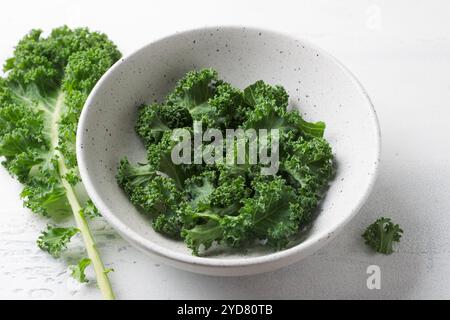 Gehackte frische, lockige Grünkohl-Blätter in einer Keramikschale auf hellgrauem Hintergrund. Gesunde Entgiftungskost. Stockfoto