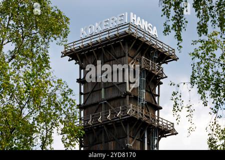 Loesch-Turm mit Schriftzug, Wahrzeichen, Kokrerei Hansa, Dortmund, Ruhrgebiet, Deutschland, Europa Stockfoto