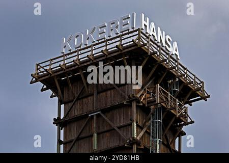 Loesch-Turm mit Schriftzug, Wahrzeichen, Kokrerei Hansa, Dortmund, Ruhrgebiet, Deutschland, Europa Stockfoto