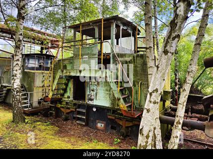 Birkenbäume vor verfallender Lokomotive, Kokerei Hansa, Dortmund, Deutschland, Europa Stockfoto