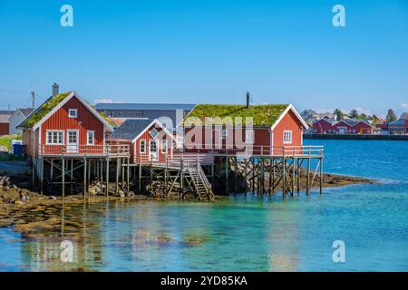 Drei rote Hütten auf Stelzen stehen auf einem Felsvorsprung in einem norwegischen Fjord, mit türkisfarbenem Wasser, das den klaren blauen Himmel reflektiert. Reine, Lofoten, Norw Stockfoto