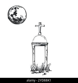 Alter Grabstein mit Kreuz, Friedhof und Vollmond am Himmel. Halloween-Illustration. Alle Objekte werden mit Tinte handgezeichnet. Geeignet zum Drucken Stock Vektor