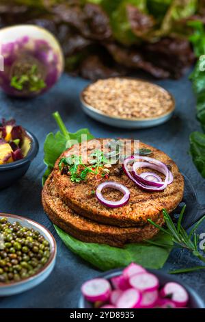 Es werden mehrere vegetarische Steaks serviert. Stockfoto