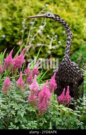 Rosa astilbe Blumen, graue Reiher Metall Gartenskulptur, graue Reiher Garten Feature, Reiher Ornament, Gärten, Gartenarbeit, RM Floral Stockfoto