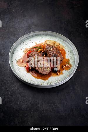 Traditionelle langsam gekochte deutsche Wagyu-Rinderrouladen mit Oliven und Pinienkernen, serviert in scharfer Rotweinsauce als Nahaufnahme in einem NOR Stockfoto