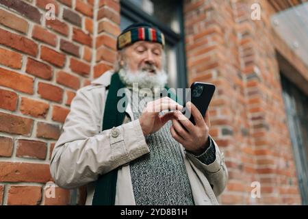 Von unten auf einem älteren obdachlosen Bettler mit langem weißem Bart und farbenfrohem Hut mit einem Smartphone, der an einer Ziegelmauer auf der städtischen Straße steht Stockfoto