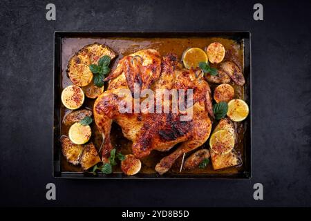 Traditionelles Barbecue mit Hähnchen al Mattone Chili mit Orangen Stockfoto