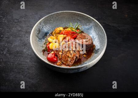 Traditionelle langsam gekochte deutsche Wagyu-Rinderrouladen mit Gemüse und Gnocchi serviert in scharfer Rotweinsauce als Nahaufnahme in A No Stockfoto