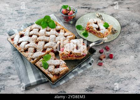 Traditioneller Rhabarber-Kuchen mit Dinkelmehl als Nahaufnahme auf einem Teller im nordischen Design Stockfoto