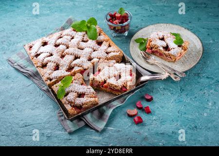 Traditioneller Rhabarber-Kuchen mit Dinkelmehl als Nahaufnahme auf einem Teller im nordischen Design Stockfoto