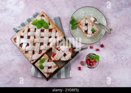 Traditioneller Rhabarber-Kuchen mit Dinkelmehl, serviert als Draufsicht auf einem nordischen Teller Stockfoto