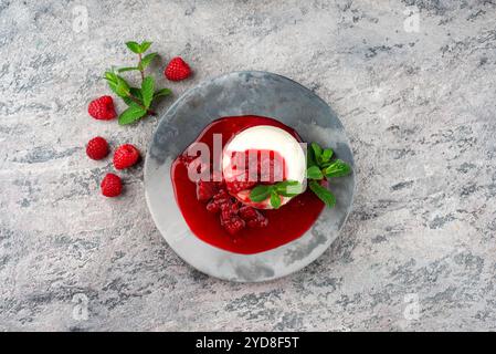 Traditionelles Quark-Mousse mit Rhabarber und Himbeerkompott diente als Blick von oben auf einem nordischen Design-Teller Stockfoto