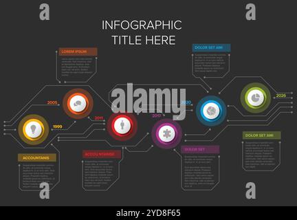 Einfache farbige Infografik-Designvorlage mit Kreislaufzeitlinie und sechs Elementen mit Titel auf dunklem Hintergrund. Modernes Mehrzweck-Infochart Temp Stock Vektor