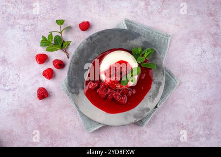 Traditionelles Quark-Mousse mit Rhabarber und Himbeerkompott diente als Blick von oben auf einem nordischen Design-Teller Stockfoto