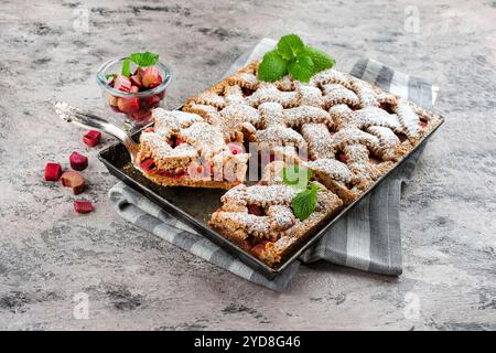 Traditioneller Rhabarber-Kuchen mit Dinkelmehl als Nahaufnahme auf einer rustikalen Trägerfolie serviert Stockfoto