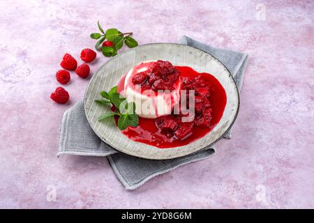 Traditionelles Quark-Mousse mit Rhabarber und Himbeerkompott diente als Nahaufnahme auf einem Nordic Design-Teller Stockfoto