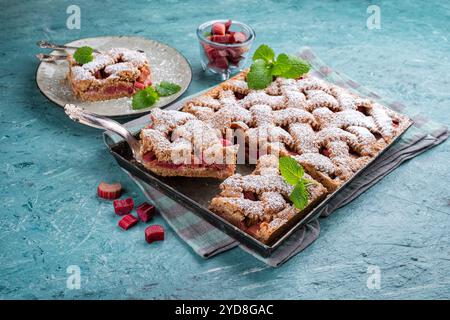 Traditioneller Rhabarber-Kuchen mit Dinkelmehl als Nahaufnahme auf einem Teller im nordischen Design Stockfoto