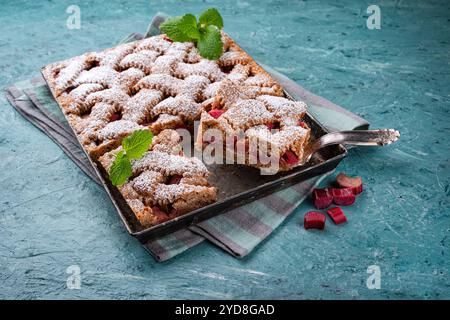 Traditioneller Rhabarber-Kuchen mit Dinkelmehl als Nahaufnahme auf einem Teller im nordischen Design Stockfoto