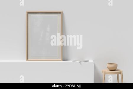 Posterrahmen auf weißer Wand mit Holzmöbeln. 3D-Abbildung Stockfoto