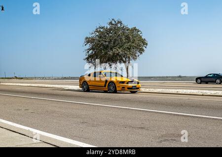 Gulfport, MS - 04. Oktober 2023: Weitwinkelansicht eines Ford Mustang Boss 302 Coupés aus dem Jahr 2013 auf einer lokalen Autoshow. Stockfoto