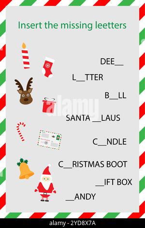 Fügen Sie die fehlenden Buchstaben ein, buchstabieren Sie das Wort, weihnachten Zeichentrickstil, Weihnachten lehrreiche Schreibweise Leseschule Spiel für die Entwicklung von Kindern Stock Vektor