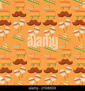 Pinata, Schnurrbart und Maracas buntes mexikanisches Muster, Vektor Stock Vektor