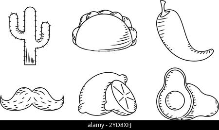 Kakteen, Taco und Avocado handgezeichnete mexikanische Ikonen, Vector Stock Vektor