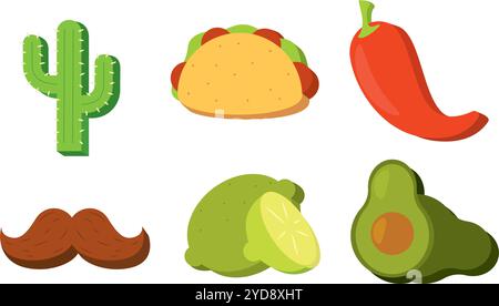 Avocado, Limette, Taco und Kakteen farbenfrohe mexikanische Ikonen, Vector Stock Vektor
