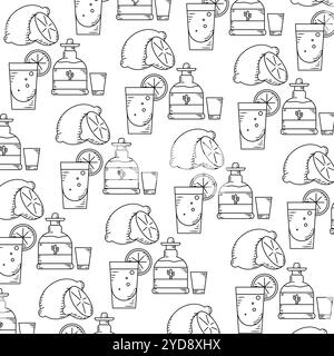 Tequila, Limette und Drinks mexikanisches Muster in schwarzen Linien, Vector Stock Vektor