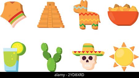 Poncho, Pyramide und Kakteen farbenfrohe mexikanische Ikonen, Vector Stock Vektor