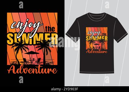 Sommer Vibes Beach Adventure T-Shirt Design und Sommer Sonnenuntergang Strand Surfen Vektor Grafik Illustration Stock Vektor