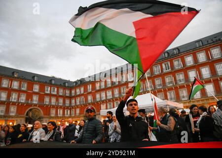 Madrid, Madrid, SPANIEN. Oktober 2024. Globale Aktion auf der Plaza Mayor von Madrid gegen den Völkermord in Gaza (Credit Image: © Richard Zubelzu/ZUMA Press Wire) NUR REDAKTIONELLE VERWENDUNG! Nicht für kommerzielle ZWECKE! Quelle: ZUMA Press, Inc./Alamy Live News Stockfoto